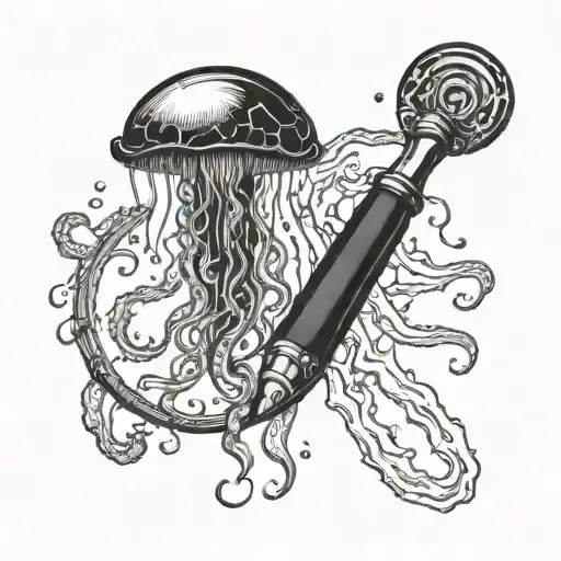 A jellyfish morphing into a magnifying glass, symbolizing investigation and curiosity tattoo design idea