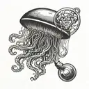 A jellyfish morphing into a magnifying glass, symbolizing investigation and curiosity tattoo design idea