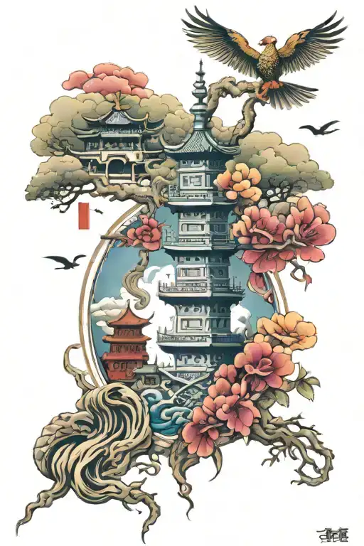 coy and Chinese tower surrounded tattoo design idea