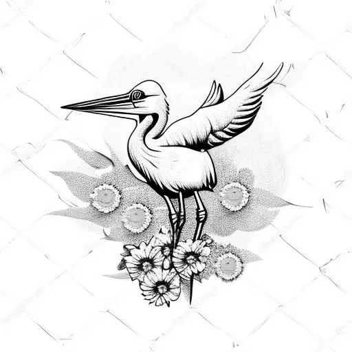 stork bird and camomile flower tattoo design idea