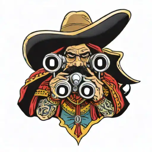 Stereotypical Mexican with sombrero, mustache and poncho sitting and looking through binoculars.  In the binoculars lens tattoo design idea