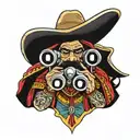 Stereotypical Mexican with sombrero, mustache and poncho sitting and looking through binoculars.  In the binoculars lens tattoo design idea