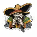 Stereotypical Mexican with sombrero, mustache and poncho sitting and looking through binoculars.  In the binoculars lens tattoo design idea