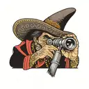 Stereotypical Mexican with sombrero, mustache and poncho sitting and looking through binoculars.  In the binoculars lens tattoo design idea