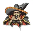 Stereotypical Mexican with sombrero, mustache and poncho sitting and looking through binoculars.  In the binoculars lens tattoo design idea