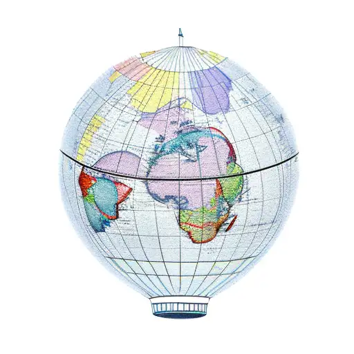 A hot air balloon floating over a world map tattoo design idea