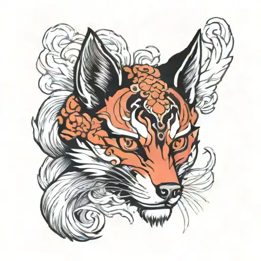 kitsune mask surrounded by fox tails protruding tattoo design idea
