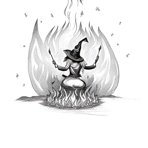 A witch conjuring fire at a bonfire tattoo design idea