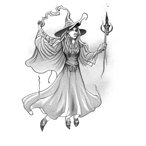 A witch casting a spell with glowing magical symbols tattoo design idea