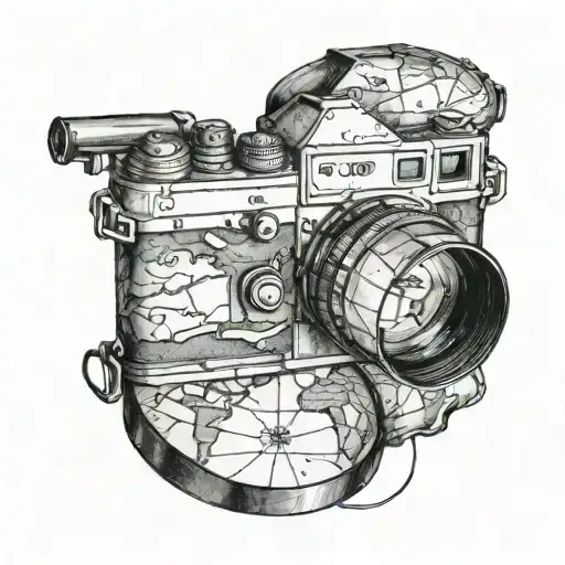 Combine a detailed map of the world with a camera lens to represent your love for travel outing photography tattoo design idea