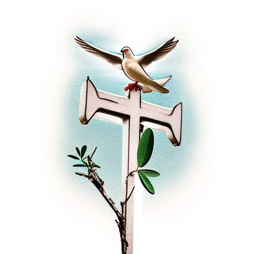 dove holding an olive branch above christ on the cross tattoo design idea