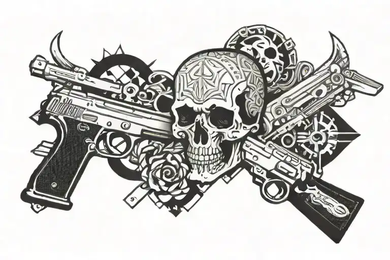 1992 in roman numerals with guns and a skull as well as geometric nordic shapes. tattoo design idea