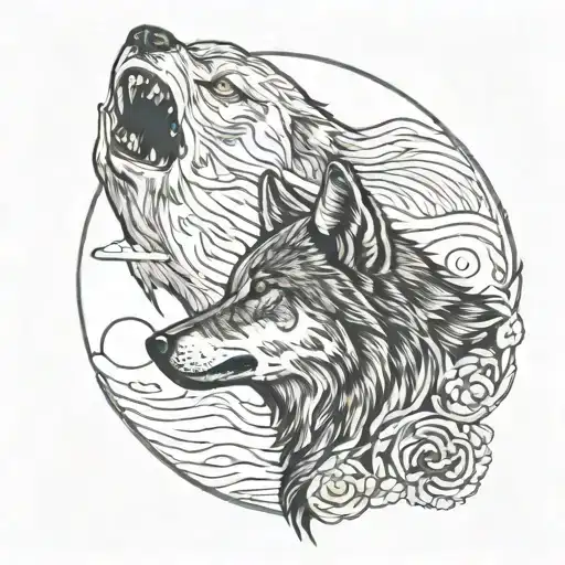 wolf howling with red eyes moon background black and white tattoo design idea
