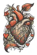 A tattoo of a broken heart mended with stitches and a trail of footprints leading towards a new beginning, representing your journey from heartbreak to happiness tattoo design idea