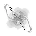 An abstract blackwork tattoo of a violin bow transforming into sound waves tattoo design idea