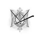 An abstract blackwork tattoo of a violin bow transforming into sound waves tattoo design idea