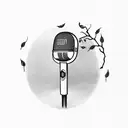 A black-grey tattoo of a microphone held by a tree branch with musical notes as leaves tattoo design idea