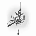 A black-grey tattoo of a microphone held by a tree branch with musical notes as leaves tattoo design idea