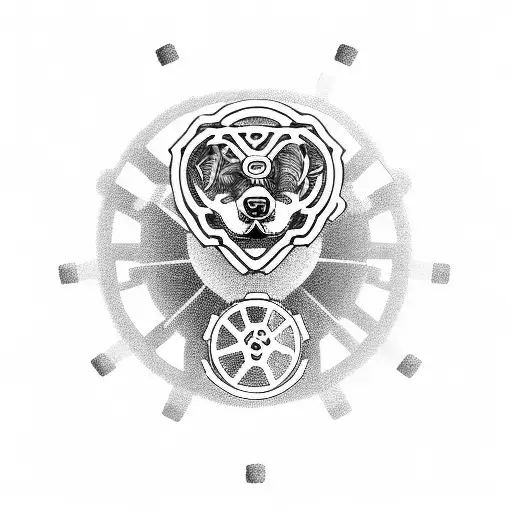A mechanical heart with BMX gears and heavy metal symbols, with a loyal dog standing guard tattoo design idea