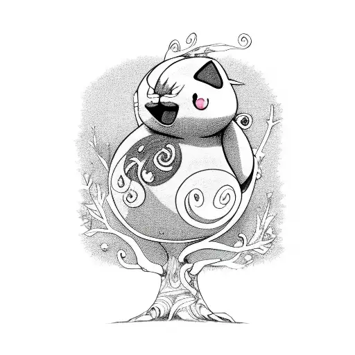 Jigglypuff singing on a tree branch in a whimsical forest tattoo design idea