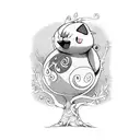 Jigglypuff singing on a tree branch in a whimsical forest tattoo design idea