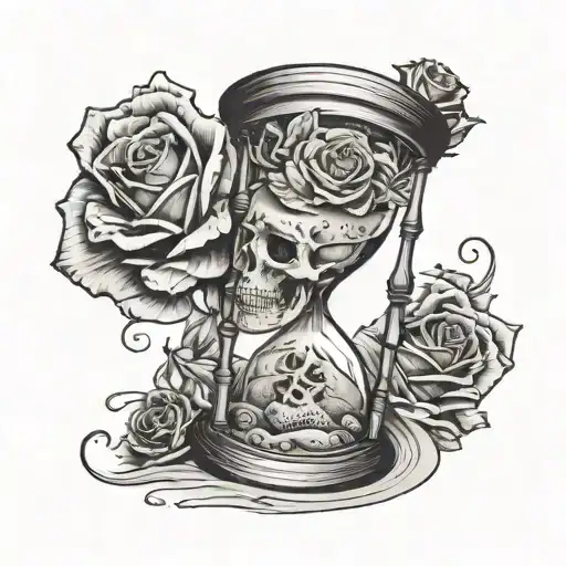 hour glass with roses as the sand falling with skull at the bottom tattoo design idea