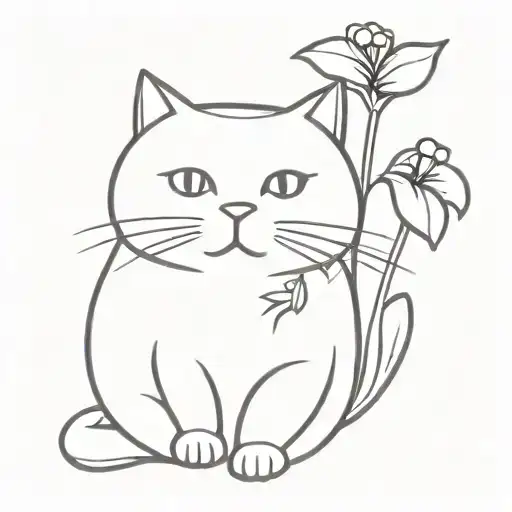 minimalist chubby cat sitting on an african violet flower tattoo design idea
