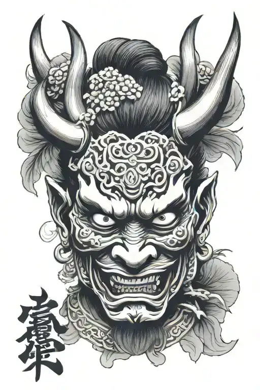 Oni mask samurai temple surrounded tattoo design idea