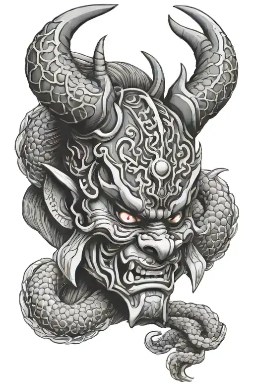 Samurai Oni mask, Dragon backround holding a map tattoo design idea