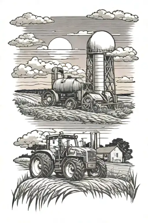 I want to get Genesis 1:1 and then two tractors plowing the earth with the sunset in the background with grain elevator  tattoo design idea