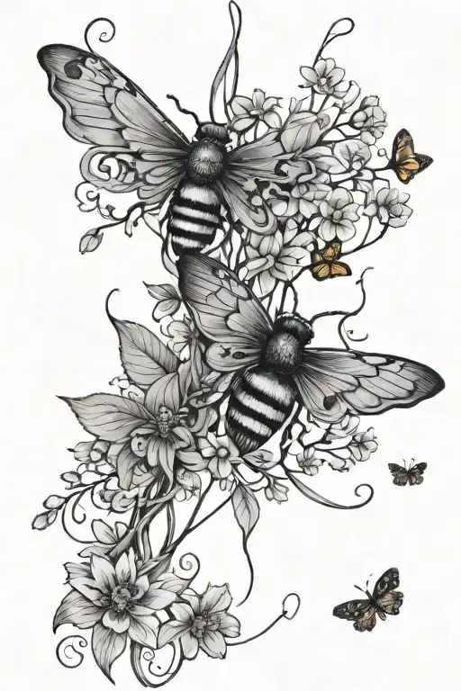 A black and gray forearm tattoo of long vines with small flowers, small birds, small butterflies, small bumble bees tattoo design idea
