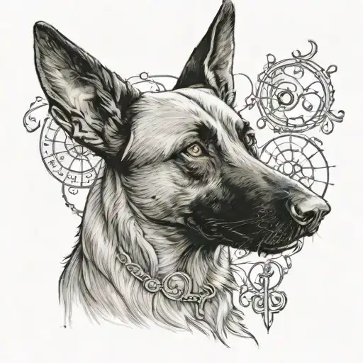 A realistic depiction of a Belgian Malinois performing a spell from the Harry Potter series tattoo design idea