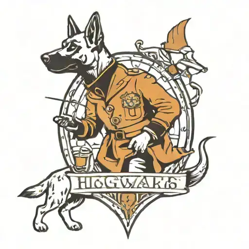 A traditional style tattoo of a dog trainer commanding a pack of Belgian Malinois in Hogwarts robes tattoo design idea