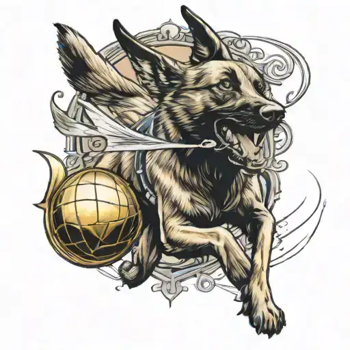 A traditional style tattoo of a Belgian Malinois chasing a golden snitch in a Quidditch match tattoo design idea