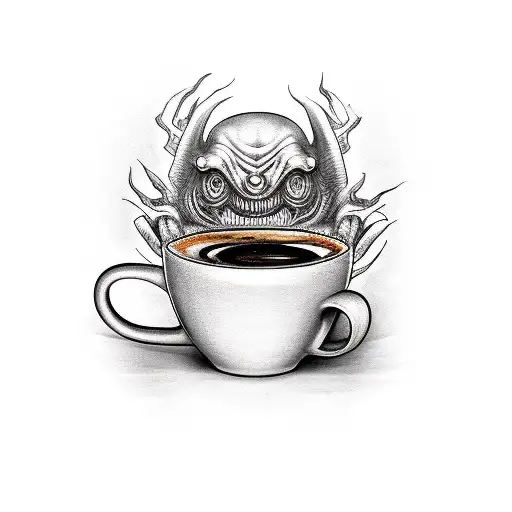 A terrifying movie monster emerging from a coffee mug in blackwork style tattoo design idea