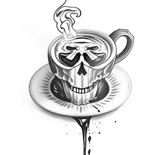 A terrifying skull emerging from a steaming cup of coffee tattoo design idea