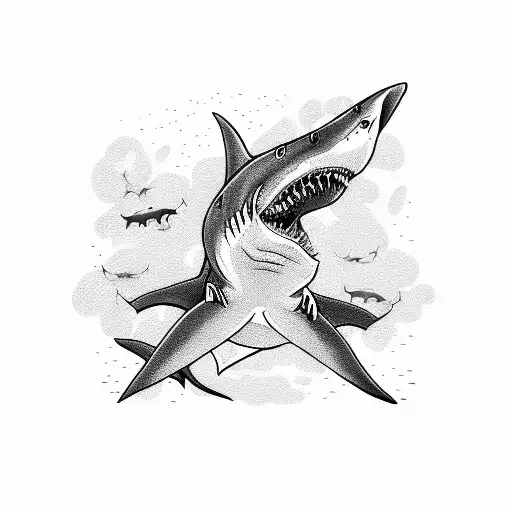 A terrifying shark emerging from a book, surrounded by dachshunds and sunflowers tattoo design idea