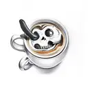 A terrifying movie monster emerging from a coffee mug in blackwork style tattoo design idea