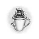 A terrifying movie monster emerging from a coffee mug in blackwork style tattoo design idea