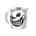 A terrifying movie monster emerging from a coffee mug in blackwork style tattoo design idea