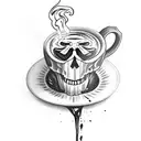A terrifying skull emerging from a steaming cup of coffee tattoo design idea
