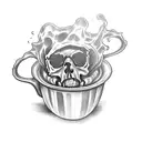 A terrifying skull emerging from a steaming cup of coffee tattoo design idea