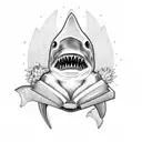 A terrifying shark emerging from a book, surrounded by dachshunds and sunflowers tattoo design idea