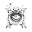 A terrifying shark emerging from a book, surrounded by dachshunds and sunflowers tattoo design idea