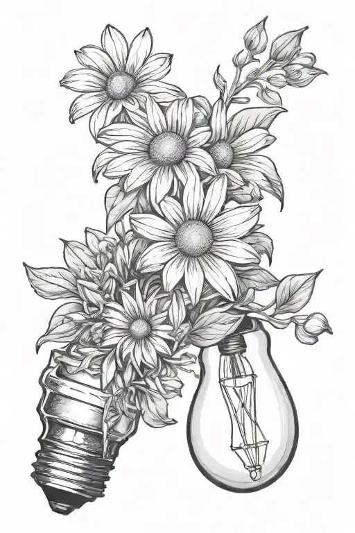 daisy and sweet pea growing out of light bulb   tattoo design idea