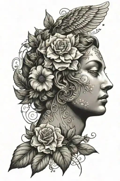 greek sphinx angelical face, wild roses, olive leaves and sun rays tattoo design idea