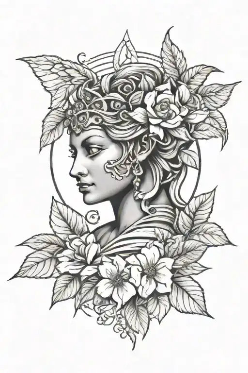 greek sphinx angelical face, wild roses, olive leaves and sun rays tattoo design idea