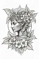 greek sphinx angelical face, wild roses, olive leaves and sun rays tattoo design idea