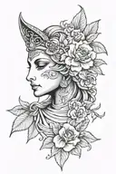 greek sphinx angelical face, wild roses, olive leaves and sun rays tattoo design idea