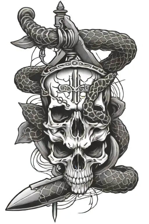 Skull, Sword, Snake, EKG lines tattoo design idea